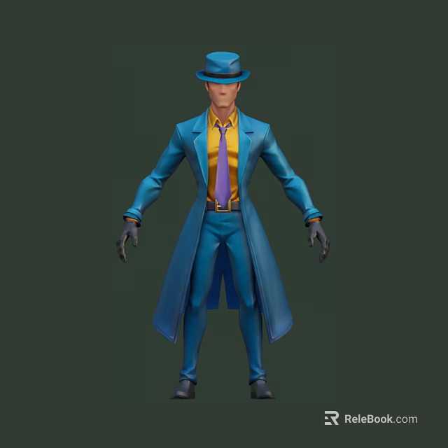 Game Movie Character Wearing Blue Long Coat Yellow Shirt Purple Tie And Blue Top Hat 3d model 