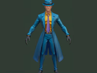Game Movie Character Wearing Blue Long Coat Yellow Shirt Purple Tie And Blue Top Hat 3d model