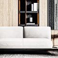 Two Seater Sofa in Modern Living Room with Wooden Walls Black Bookshelf and Floor Lamp