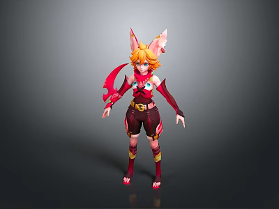 Vibrant Game Cinematic Character with Fox Ears Orange Hair Red Brown Outfit Holding Weapon 3d model