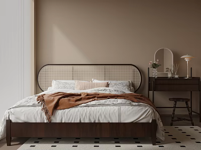 Cozy Beige Bedroom Interior Featuring Arched Headboard Plaid Pillows Dressing Table And Checkered Rug 3d model
