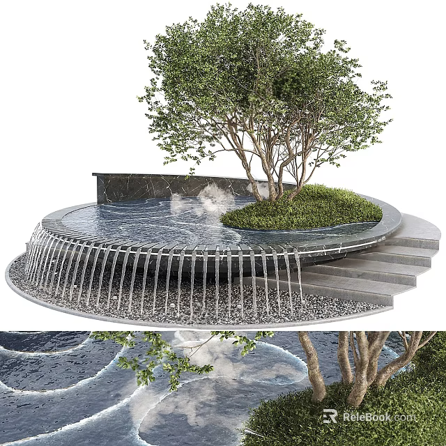 Beautiful Garden Ornament with Circular Water Feature Flowing Water Steps Tree and Greenery Pebbles 3d model 