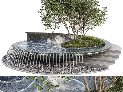 Beautiful Garden Ornament with Circular Water Feature Flowing Water Steps Tree and Greenery Pebbles 3d model