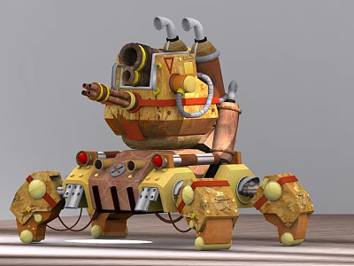 Multi Legged Mechanical Robot With Cannon Pipes Yellow Brown Body And Red Details 3d model