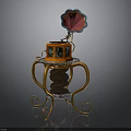 Vintage Phonograph With Red Horn Ornate Wooden Case And Golden Stand