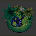 Cute Blue Dragon 3D Fantasy Game Character with Green Grass Tropical Plants and Red Mushrooms
