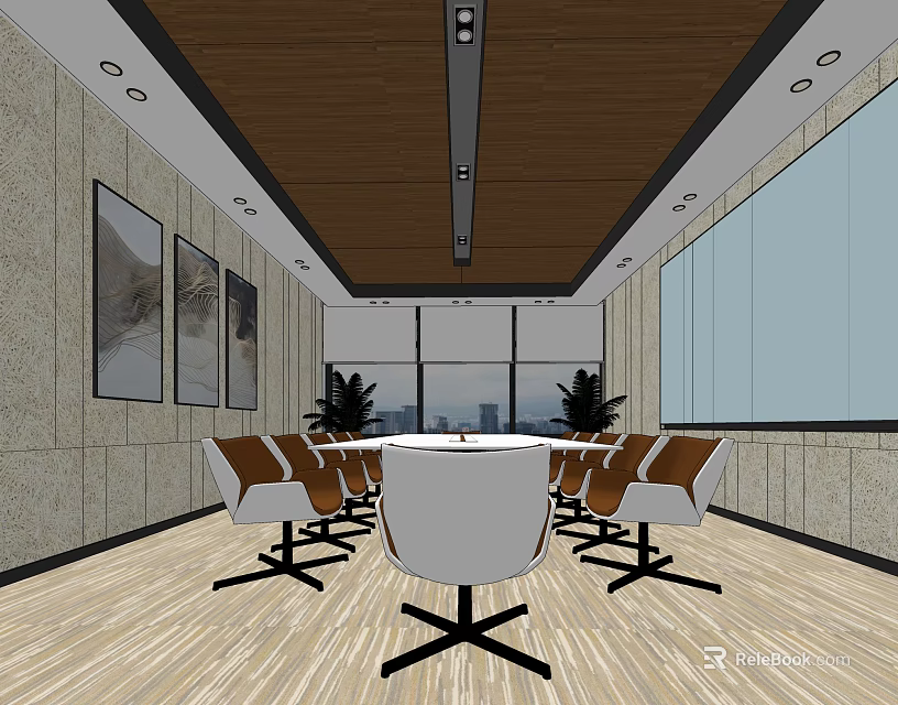 Modern Conference Room With Wooden Ceiling Large Windows Round Table Green Plants And Chairs 3d model 