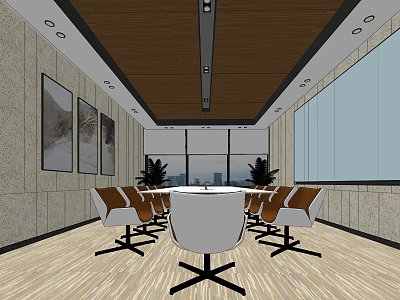 Modern Conference Room With Wooden Ceiling Large Windows Round Table Green Plants And Chairs 3d model