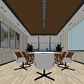 Modern Conference Room With Wooden Ceiling Large Windows Round Table Green Plants And Chairs
