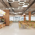Modern Cafeteria Interior With Chairs Tables Ordering Counters And Plants 3d model