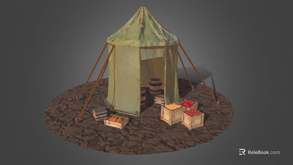 Green Camping Tent with Wooden Poles on Rocky Dirt Ground and Fruit Filled Crates 3d model 