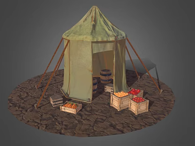 Green Camping Tent with Wooden Poles on Rocky Dirt Ground and Fruit Filled Crates 3d model