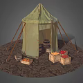Green Camping Tent with Wooden Poles on Rocky Dirt Ground and Fruit Filled Crates