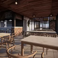 Open Space With Wooden Ceiling Glass Doors Tables Chairs Brick Floor And Green Plants