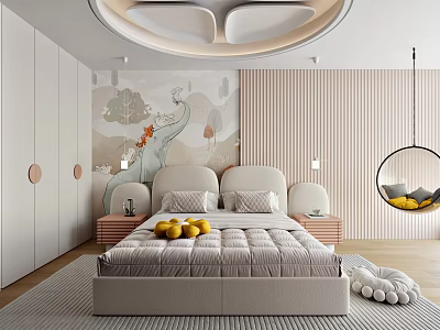 Pastel Modern Kids Room Interior With Elephant Mural Bed Wardrobe And Pendant Light 3d model