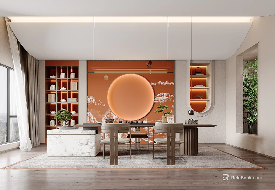 Modern Tea Room Interior Design With Orange Backdrop Circular Decor Table And Chairs Bookshelves 3d model 
