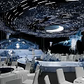 Banquet Hall With Starlit Ceiling Blue Whale Jellyfish Ornaments Blue White Flowers And White Chairs