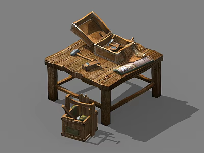Wooden Functional Table Featuring Tools And Open Storage Box On Tabletop 3d model
