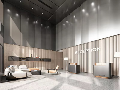 Modern Hotel Lobby Interior Design With Reception Desk Sofa Wooden Wall And Metal Panels 3d model