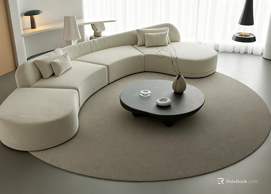 Curved Beige Sofa Set with Round Coffee Table Vase and Floor Lamp on Round Rug 3d model 