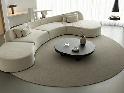 Curved Beige Sofa Set with Round Coffee Table Vase and Floor Lamp on Round Rug 3d model