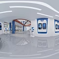 Modern Space Technology Exhibition Hall With Satellite Model Blue Columns And Interactive Displays 3d model