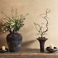 Rustic Floral Arrangements in Two Dark Vases with Green Branches Pink Blooms on Wooden Table