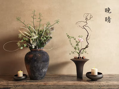 Rustic Floral Arrangements in Two Dark Vases with Green Branches Pink Blooms on Wooden Table 3d model