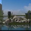 Garden Ornament Featuring Small Pond White Boulders White Pottery Jars Green Plants and Reflections