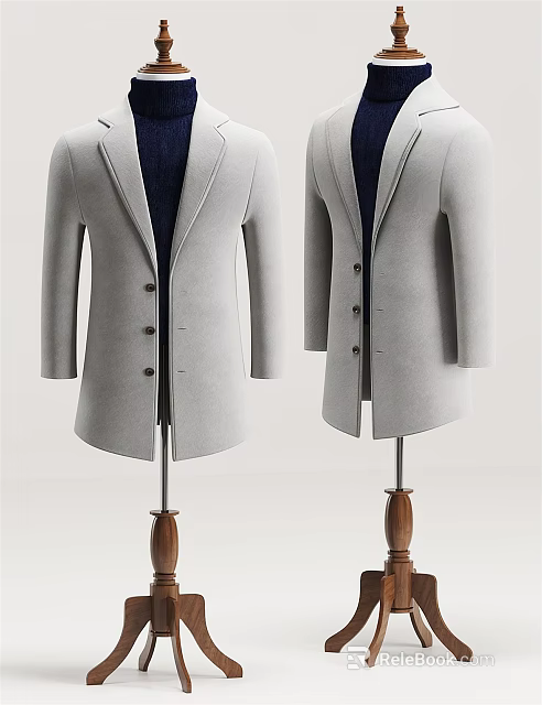 Two Stylish Grey Coats Displayed On Hangers With Wooden Bases 3d model 