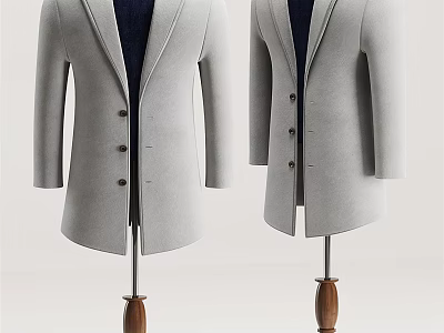 Two Stylish Grey Coats Displayed On Hangers With Wooden Bases 3d model