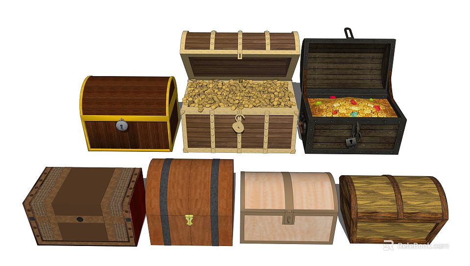 Open Wooden Chests with Gold Coins and Jewels in Various Styles 3d model 