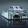 Silver Audi SUV Display On Platform With Illuminated Lines And Four Rings Logo