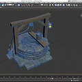 Cartoon Scene of Ancient Well With Wooden Frame Stone Structure Lantern and Bucket