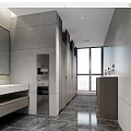 Modern Public Restroom Interior With Grey Walls Cubicles Washbasins Mirrors And Large Windows