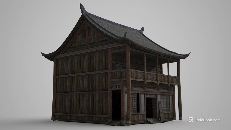 Ancient Chinese Traditional Wooden Building Two Story Structure With Overhanging Eaves And Veranda 3d model 