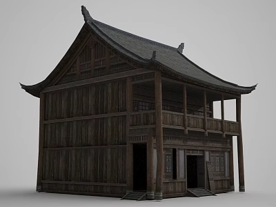 Ancient Chinese Traditional Wooden Building Two Story Structure With Overhanging Eaves And Veranda 3d model
