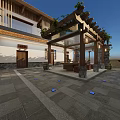 Traditional Modern Homestay Building with Tile Roof Courtyard Greenery and Wooden Elements