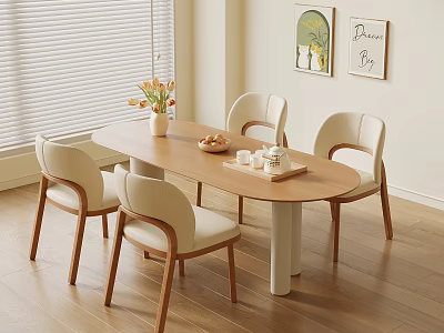 Cozy Home Interior Dining Table with Four Wooden Chairs Vase Flowers and Fruit Plate 3d model