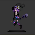 Witch Character Riding Broomstick Holding Magic Wand Black Hat Colorful Pants