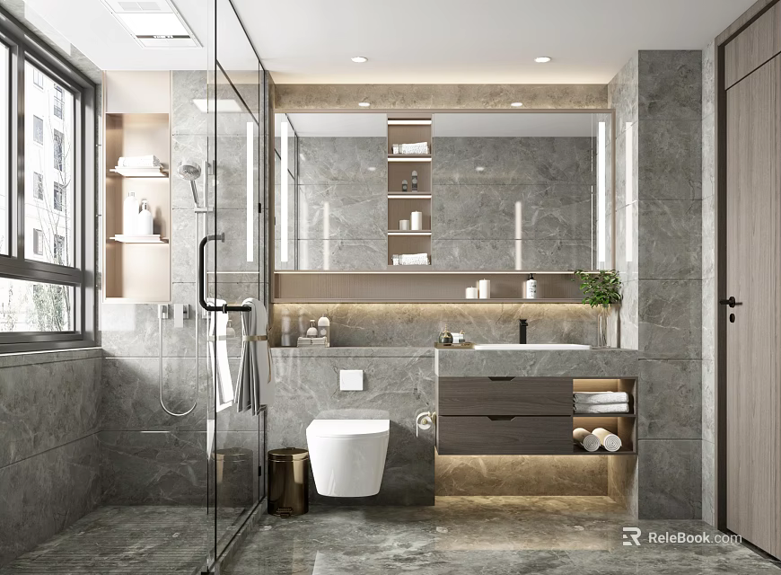 Modern Bathroom Interior Design With Marble Walls Glass Shower Large Mirror And Smart Toilet 3d model 
