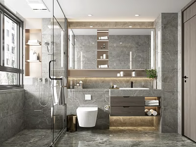 Modern Bathroom Interior Design With Marble Walls Glass Shower Large Mirror And Smart Toilet 3d model