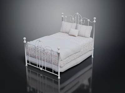 White Iron Bed Frame With Decorative Scrollwork Soft Bed Linens And Pillows 3d model