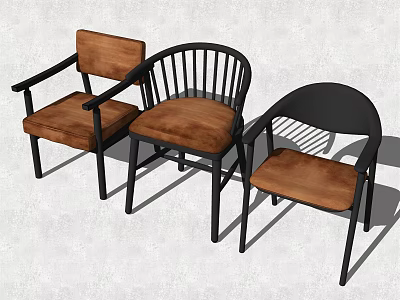Three Stylish Leisure Chairs With Wooden Seats Black Metal Frames And Unique Back Designs 3d model