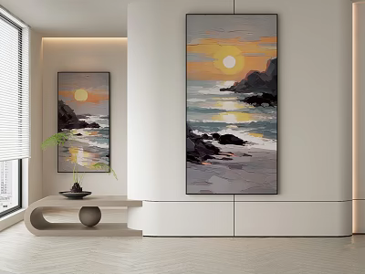 Modern Interior With Seascape Paintings Sunset Over Sea And Rock Decor 3d model