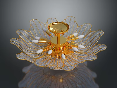 Luxurious Golden Lighting Combination with Petal Shaped Transparent Leaves and White Bulbs Chandelier Design 3d model