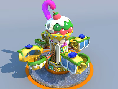 Vibrant Kids Amusement Ride With Rotating Carriages Pink Hook Top And Cream Cherry Decorations 3d model