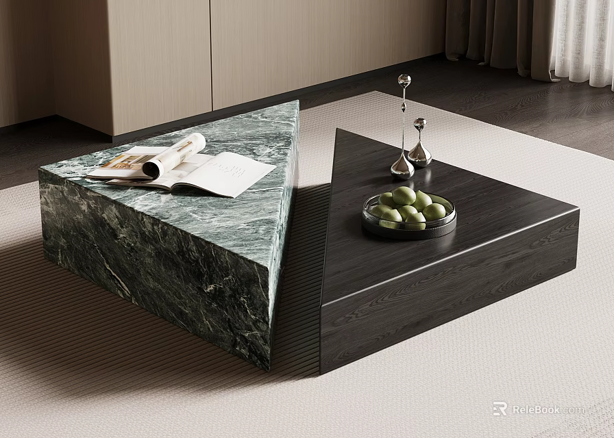 Contemporary Coffee Table Featuring Green Marble Dark Wood Surface Magazine And Green Fruits On Tray 3d model 