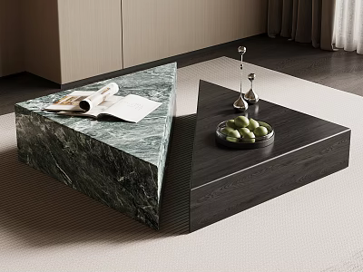 Contemporary Coffee Table Featuring Green Marble Dark Wood Surface Magazine And Green Fruits On Tray 3d model