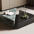 Contemporary Coffee Table Featuring Green Marble Dark Wood Surface Magazine And Green Fruits On Tray